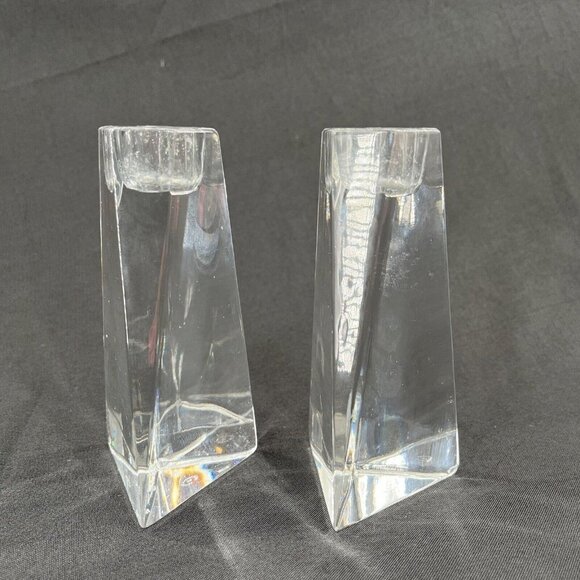 VILLEROY & BOCH GLASS TAPER CANDLESTICK HOLDERS PRISM CLEAR ART GLASS 5" PAIR - Picture 1 of 7